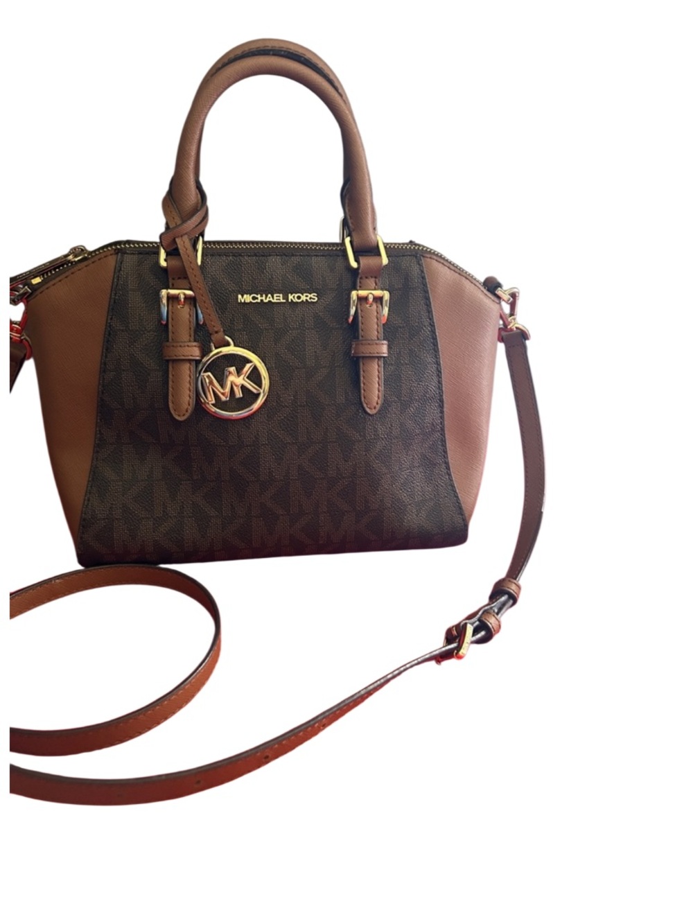 Michael Kors Ciara Brown and black Signature Logo Satchel with Gold Hardware